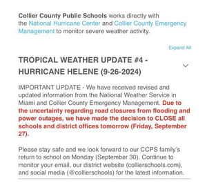   Important Update: School will be closed tomorrow Friday 09/27